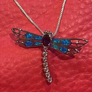 Dragonfly Fire Opal Blue Topaz CZ Silver Necklace